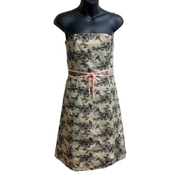 HELEN WANG Beige Shell Black Embroidered Daisies Strapless A-Line Dress - Picture 11 of 11